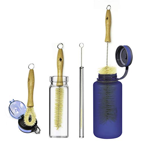 All Natural Bottle Brush And Straw Set (No Plastic) Sisal Bristles And Wood Handle Bottle Cleaners For Washing Narrow Beer Bottles, Sports/Water Bottles, Tumbler, Kettles, Lid Brush, Long Straw Brush #TOP6