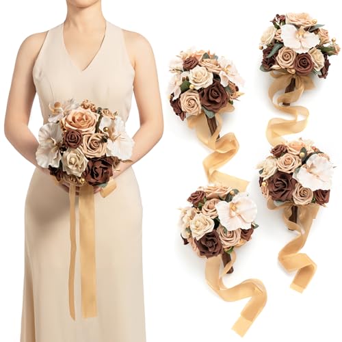 Ling's moment Artificial Bridesmaid Bouquets Set of 4,Brown Wedding Flower