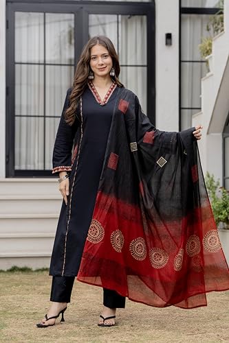 Image of MEERA FAB Women Floral Printed Pure Cotton Straight V-Neck Kurta with Palazzos & Dupatta