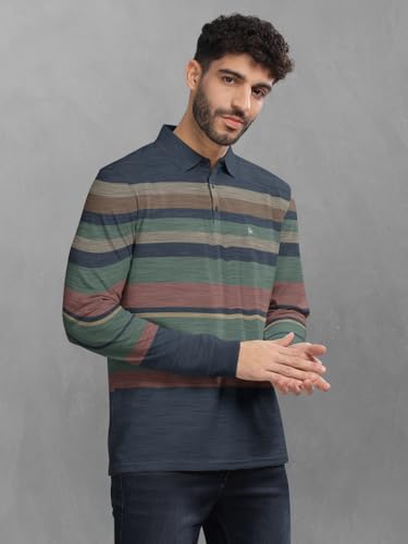 Image of BULLMER Striped Textured Printed Polo Neck Fullsleeve T-Shirt with Rib for Men
