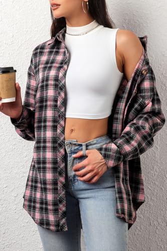 Image of CHYRII Womens Button Down Flannel Shirts Long Sleeve Plaid Shackets Business Casual Blouse Top