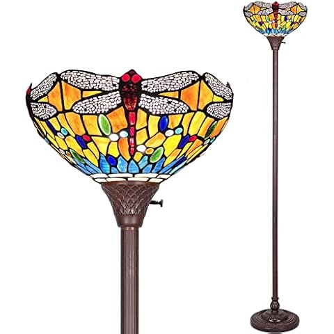 Capulina Tiffany Torchiere Floor Lamp Industrial Dark Bronze Pole Dragonfly Style Grapefruit Orange Stained Glass Standing Torch Up Light for Living Room Bedroom Office Cover