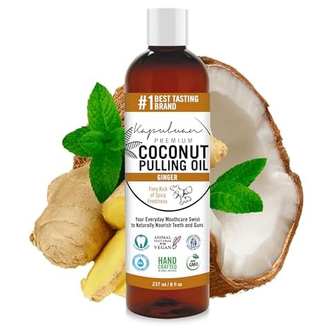 Kapuluan Coconut Pulling Oil for Teeth and Gums Mouthwash, 100% Pure and Natural, Non-GMO, Ayuverdic – Refreshing Ginger Essential Oils Cover