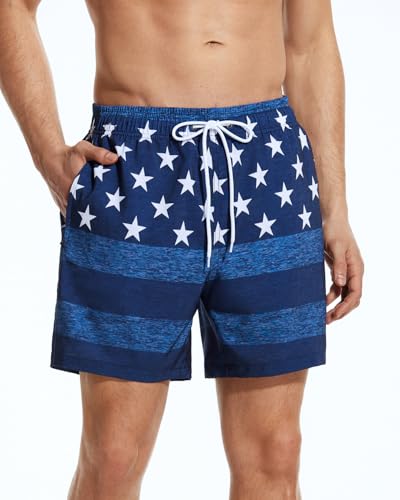 SILKWORLD Mens Swim Trunks with Compression Liner Board Shorts with Zipper Pockets, Denim American Flag, Medium4