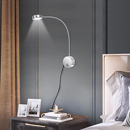 ERWEY Lampe de Lecture Murale, Lampe de Chevet LED Chambre Applique avec Bouton Tactile Lumière Réglable 3000K-6000K, 3W 360° Lampe Col de Cygne Flexible avec Port de Charge USB, Argent - Image 6