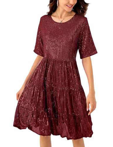 Image of Sequin Babydoll Summer Dress,Sparkly Glitter Dress Short Flowy Tiered Tunic Dress for Women Party Club Night