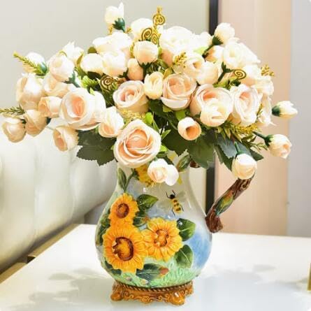 Miniatura 2 de Jarra de agua grande de cerámica, pintada a mano, girasol y abeja, soporte para ramo de decoración del hogar, 8.7 pulgadas de alto