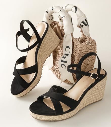 Image of Ankis Wedge Sandals for Women, Espadrille Womens Wedge Sandals Comfortable Open Toe Cross Band Ankle Strap High Heel Wedges for Women Dressy Summer -3.4Inch