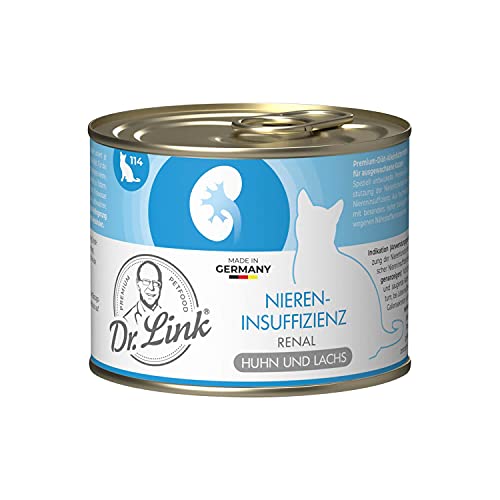 Dr. Link Spezial-Diät Katzenfutter für Katzen und Kater, Nieren, Proteinquelle Huhn & Lachs – Premium-Diät-Alleinfuttermittel, mit Omega-3 Fettsäuren, Unterstützung der Nierenfunktion – 6x200g Dose