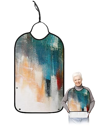 Turquoise Orange White Adult Bibs for Eating, Waterproof Bibs with Food Catcher & Adjustable Snap Closure, Modern Oil Painting Abstract Art Aesthetics Clothing Protectors Adult Bibs for Elderly