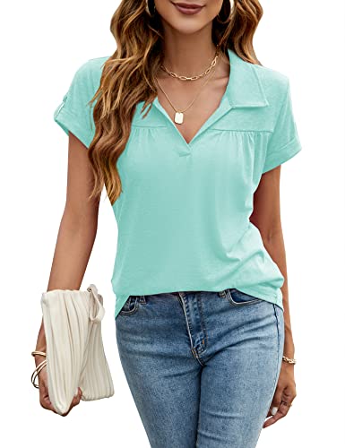 Womens Summer Tops Dressy Casual Blouses Sports Short Sleeve Moisture-Wicking Polo Shirt Aqua Blue, M #TOP19