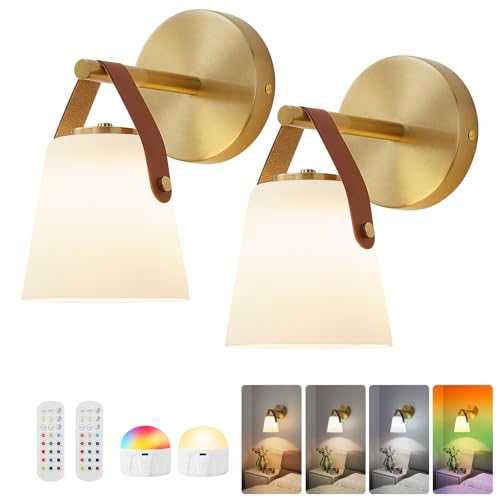 Image of Battery Operated Frosted Glass Wall Sconces Set of Two, Rechargeable Wall Lamp 3 Color Temp & 12 RGB Colors Wireless Battery Powered for Bedroom Living Room with Remote