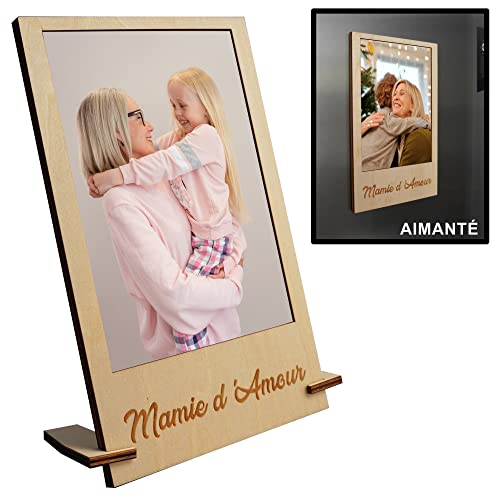 Zinello Design Cadre Photo Personnalisé en Bois Aimanté Mamie d'Amour 10x15cm | Porte Photo Magnétique pour Frigo | Support Bureau Inclus | Cadeau...