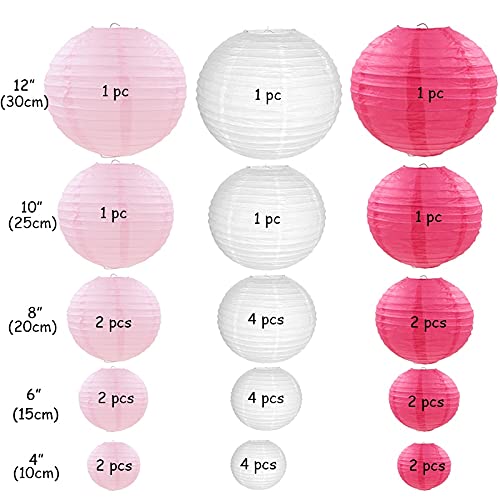 Papierlaternen-Dekoration, handgefertigter Lampenschirm aus Papier, 30 Stück, 10,2–30,5 cm, weiß, hellrosa, Rosen-Papierlaterne, runde Laterne, Papier-Lampion, Hochzeit, Outdoor, Hängedekoration, Papi
