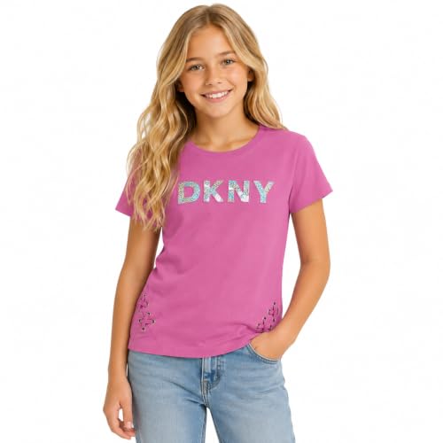 Image of DKNY Girls Shirts - Lightweight Cotton Blend Short Sleeve Crewneck Graphic Tee Cute Tops - Casual Trendy Girls Summer Clothes
