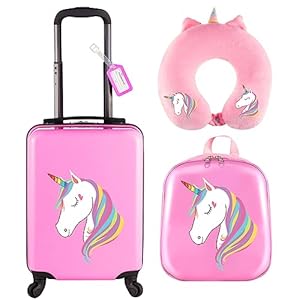 Sanwuta 4 Pieces Kids Luggage Set with Backpack Neck Pillow Name Tag Christmas Gifts 18 Inch Kids Suitcase for Girl Boy Name Tags for Backpacks for Kids