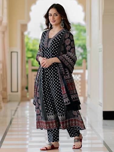 Image of Arayna Women's 100% Pure Cotton Printed Ethnic Suit | A-Line Kurta Set with Pant & Dupatta