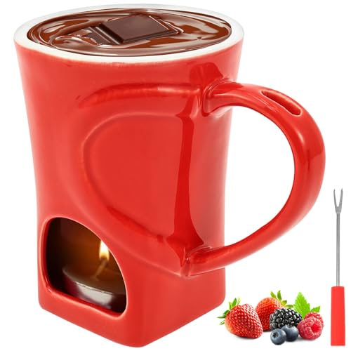 1Pcs/2 Pcs Chocolate Fondue Mug with 1& 2 Fork Chocolate Melt Cup Ceramic Hot Pot Melting Cup Butterwarmer Pot Set Tea Light Heated Fondue Warming Mug for Sweet Party (Red)