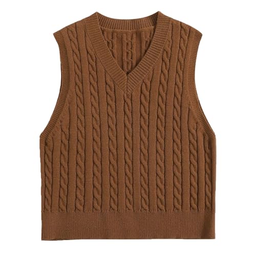 Chaleco de punto para mujer con cuello en V con rombos marrón L 4
