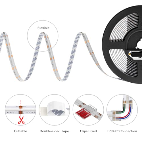 Image of BTF-LIGHTING FCOB COB RGBW 4000K LED Strip Kit,UL Listed Flexible High Density DC12V 16.4FT 12mm Width 3M Tape RF Remote Controller Color Changing for Bedroom Kitchen Home Indoor Decoration