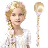 MLPKOI Rapunzel Perücken, Kinderperücke Blond, Prinzessin Perücke Cosplay Kids, Kinder Perücken für Mädchen, Langhaar Perücke Zöpfe, Rapunzel Kostüm für Halloween Karneval Party Maskenball