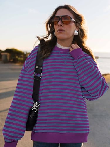 Image of PRETTYGARDEN Womens Striped Oversized Sweatshirt Color Block Crew Neck Long Sleeve Casual Loose Pullover Top Y2K Clothes