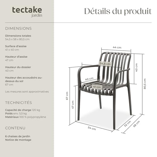 Lot 6 chaises jardin empilables gris TecTake GmbH
