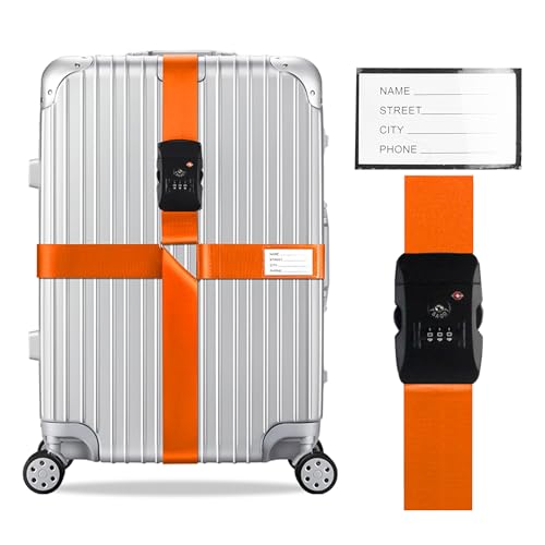 Image of Veki Cross Luggage Straps Set TSA Approved with Lock Adjustable Travel Suitcase Belts Suitcase Tags with Name ID Card Packing Straps for Suitcases Strap Travel Accessories (Orange, 1pcs)