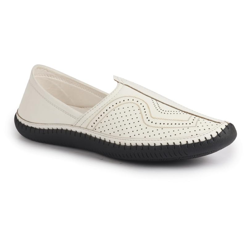 Image of FAUSTO Men Perforated Side Stitched Ethnic Round Toe Juttis and Mojaris for Wedding | Flexible Anti Skid Sole | Pathani Kurta Slip On Shoes