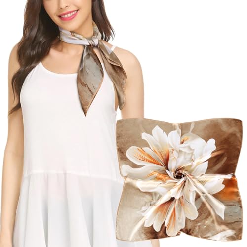 EXTREE Silk Feeling Scarf Medium Square Satin Head Scarf Sleeping Hair Wrapping for Women 27.5 × 27.5 inches Big Lily Light Brown