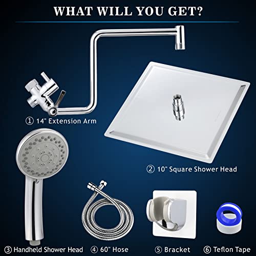 Dual Shower Head, Nuodan 10'' High Pressure Rain Shower Head / 5 Spray Handheld Showerhead Combo With 14'' Adjustable Shower Extension Arm, Hose And Adhesive Shower Holder (Chrome) #TOP5