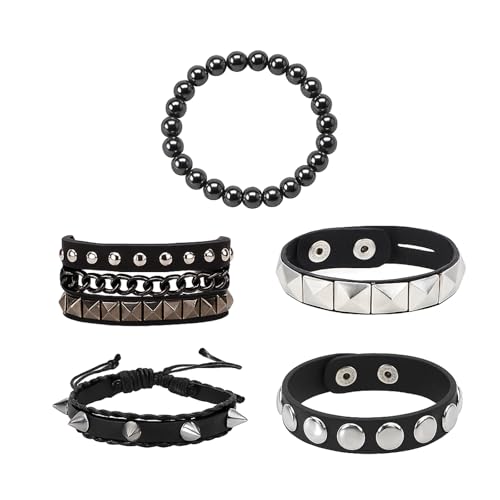 AHEJIOO 5 Stück Punk Leder Armband Set – Verstellbare Gothic Armbänder mit Nieten & Perlen für Damen & Herren | Y2K Accessoires, Grunge Emo Style, Rock & Halloween Party Schmuck
