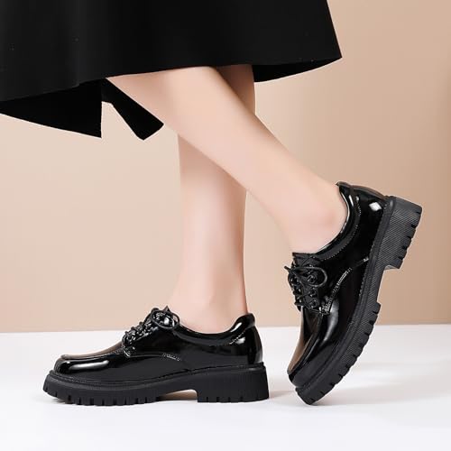 Image of Womens Black Oxford Work Shoes, Comfortable Lace-Up Casual Dress Footwear