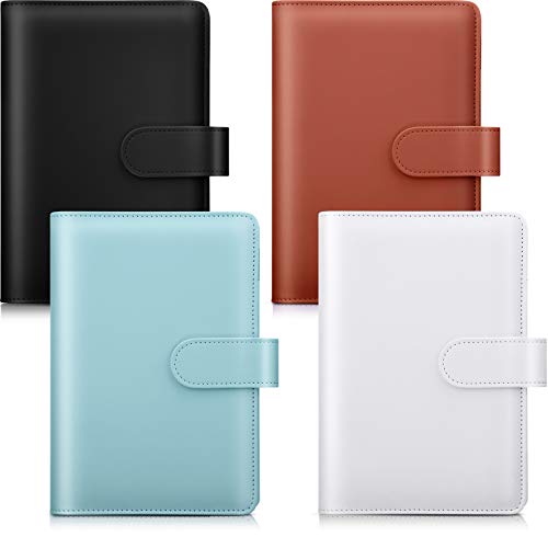 4 Pieces A6 PU Artificial Leather Notebook Binder Cover Refillable 6 Holes Binder for A6 Filler Paper Loose Leaf Personal Organizer Binder with Magnetic Buckle (Black, White, Brown, Blue)