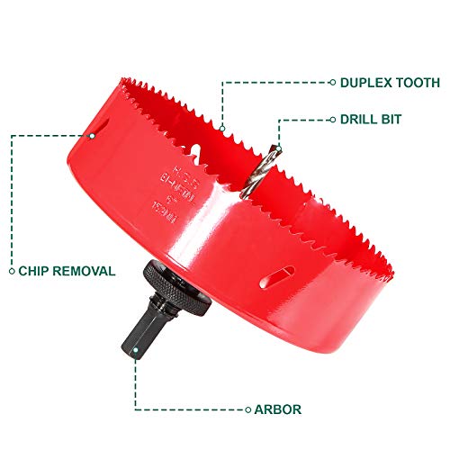 Image of HYCHIKA 6 Inch /152mm Hole Saw,Bi-Metal Cutter Hole Max Cutting Depth 1-1 /2inch(40mm) with 1 Arbor,2 Drill Bit for Wood Cutting Cornhole Plastic Drywall Boards Fiberboard