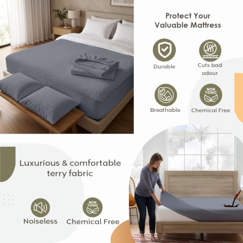 Image of AYKA Combo Pack Waterproof Mattress Protector & 2 Pillow Protectors | King Size 78x72 Inch | 100% Waterproof Terry Bed Protector | Breathable, Noiseless Mattress & Pillow Covers | 6.5 x 6 ft | Grey
