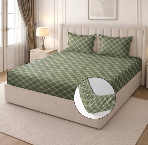 Image of RD TREND Waterproof Fitted Bedsheet for King Size Bed (78x72x8 Inches) | Ultra-Soft Glace Cotton Elastic Sheet with 2 Pillow Covers (18x28 Inches) (Green Check)