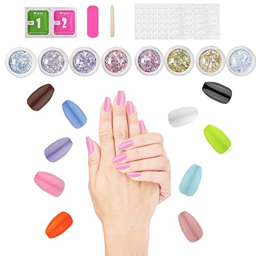 268 pcs Solid Color Acrylic Matte Press on Nails Colorful Press on Nails Medium Length Short Coffin Acrylic Matte Nails with 8 color Holographic Chunky Glitter