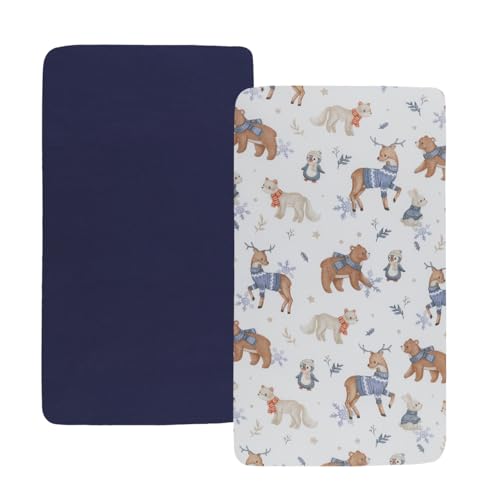 Image of Stretchy Fitted Crib Sheets Set 2 Pack Portable Crib Mattress Topper for Baby Girl Boy,Ultra Soft Jersey Material, Dark Blue & Bear Deer