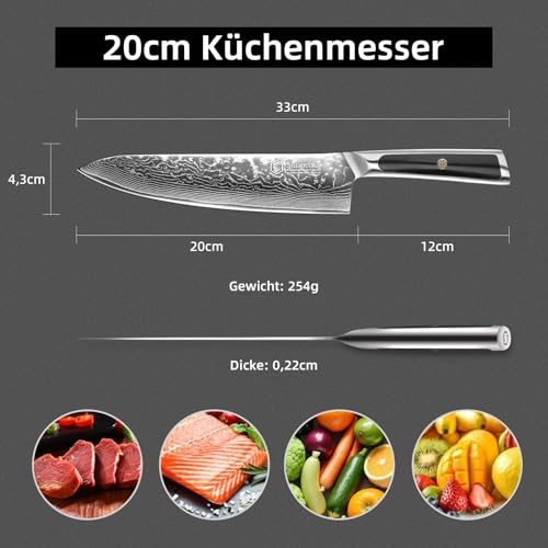 Sunnecko Damastmesser 20cm Kochmesser Küchenmesser - Scharf Messer aus Damaststahl, Damast...