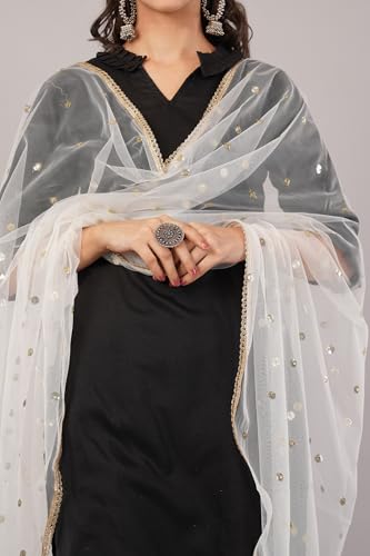 Image of Net Butti Dupatta for Women | Golden Lace Border Chunni | Butti Work Odhani | Wedding & Bridal Styling | Lightweight Drape | Kurti & Salwar Suit