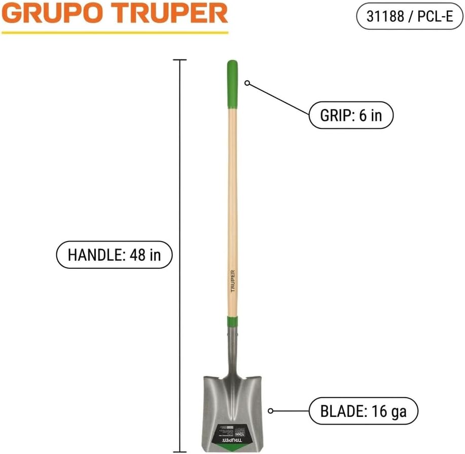 Truper Square-Point Shovel, Mid-Size Steps, 48-Inch Wood Handle with 6-Inch Grip, 16 Gauge Blade, Heavy-Duty Digging & Transfer Shovel (Model 31188)