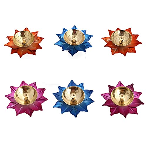 Image of Sanvatsar Metal Diya Lotus Design Set of 6 Oil lamp Deepak, Navaratri Gift Diwali Gift Corporate Gift Home Decor Item in Diwali Pooja