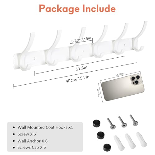 Optish 2 Stück Kleiderhaken Wand, Hakenleiste Garderobe mit 12 Haken, Garderobenleiste Wandgarderobe für Schlafzimmer Bad Küche, Garderobenhaken für Mänteln, Jacken, Hüten und Handtüchern (Weiß)
