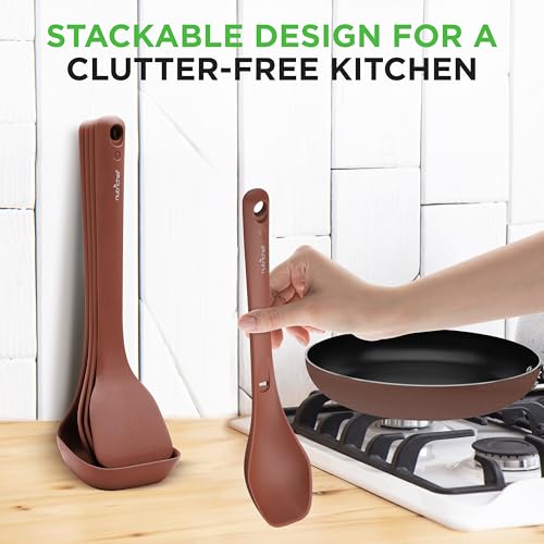 NutriChef Silicone Kitchen Utensils Set - 8-pc Utensil Set with Spatula, Pasta Fork, Solid Spoon, Slotted Spoon & Tool Stand, Heat-Resistant, Food-Grade Safe, Easy-to-Clean, Stackable Design (Brown) by NutriChef - Image 2