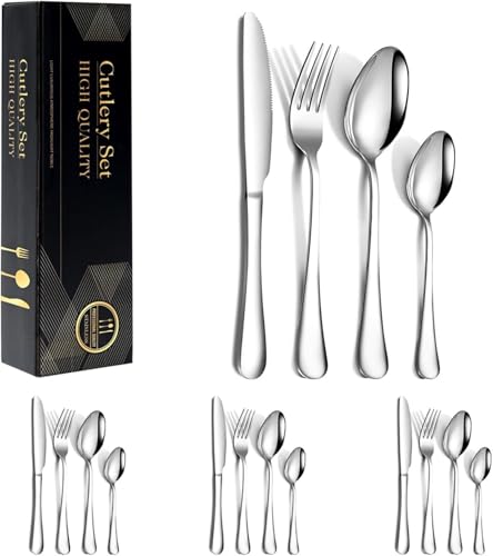 16 Pieces Silverware Flatware Cutlery Set Service for 4, Stainless Steel Cutlery Set, Including Knife/Fork/Spoon Kitchen Utensil Tableware Set for Home/Restaurant, Mirror Polished, Dishwasher Safe.