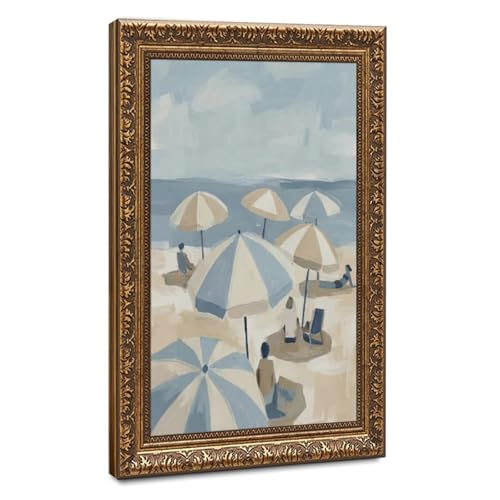 Toile parasol de plage souvenir de vacances déco bleu beige