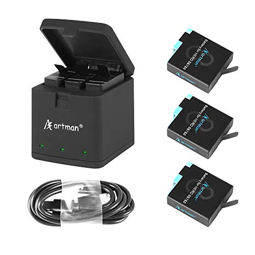 Artman Hero 8/7/6 1500mAh Replacement Batteries(3-Pack) and 3-Channel LED USB Storage Charger Compatible