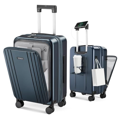 Image of Carry on Luggage Top opening Suitcases, Expandable with Cup&Phone Holder and USB Charging Port,Hardside with Front Pocket Rolling Suitcases with Spinner Wheels & YKK Zippers (Navy, 20 Inch)