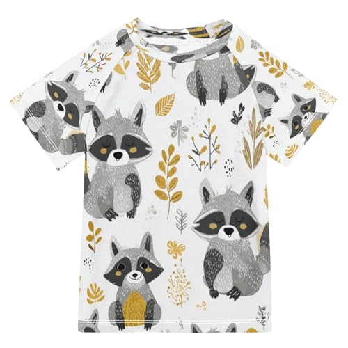 Boys Short Sleeve T-Shirts Cute Raccoon Doodle Rashguard Kids Swim Shirts Sun UPF 50+
